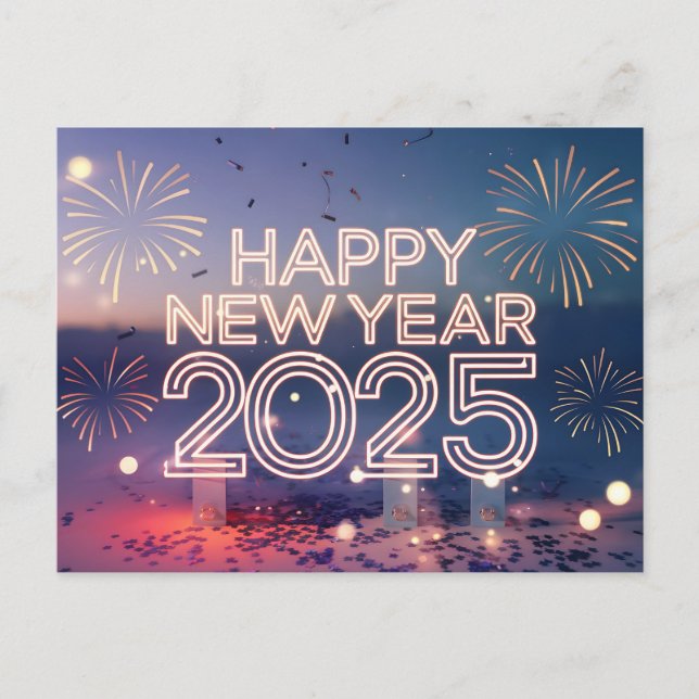 Neon Happy New Year 2025 Fireworks Holiday Postcard (Front)