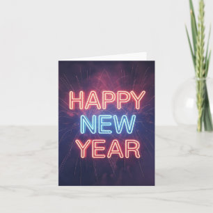 Neon "Happy New Year" Typography with Fireworks Holiday Card