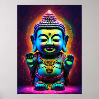 "Neon Harmony: Adorable 3D Buddha in Glass Poster