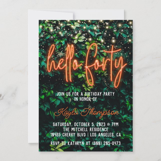Neon Hello Forty 40th Birthday Party Invitation (Back)