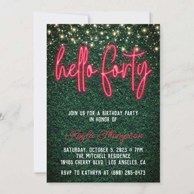 Neon Hello Forty 40th Birthday Party Invitation (Back)