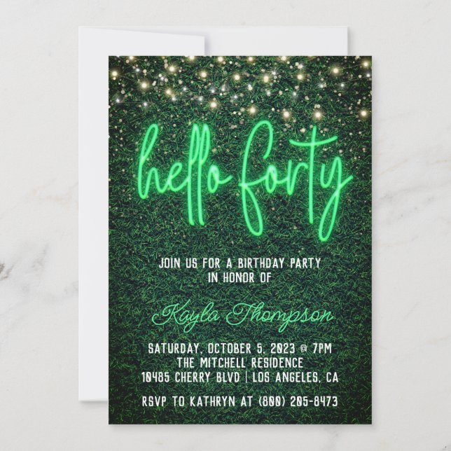 Neon Hello Forty 40th Birthday Party Invitation (Back)