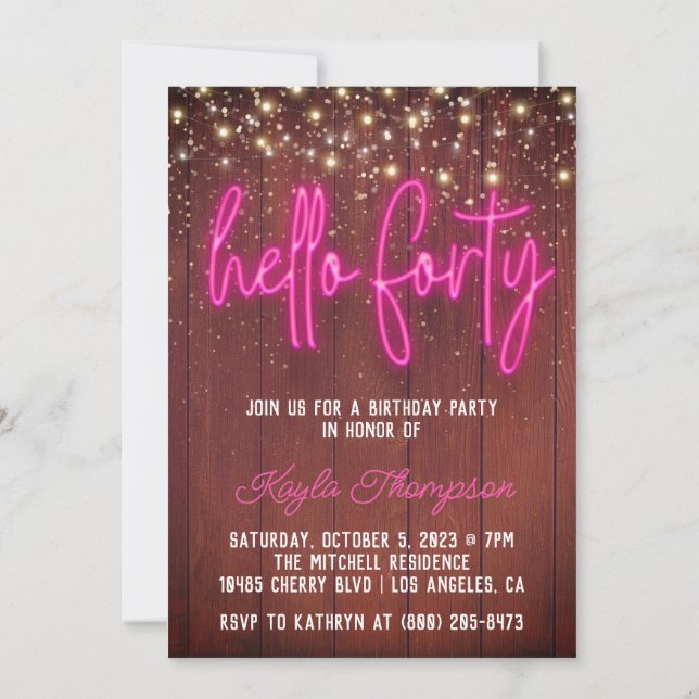 Neon Hello Forty Wooden Birthday Invitation (Back)