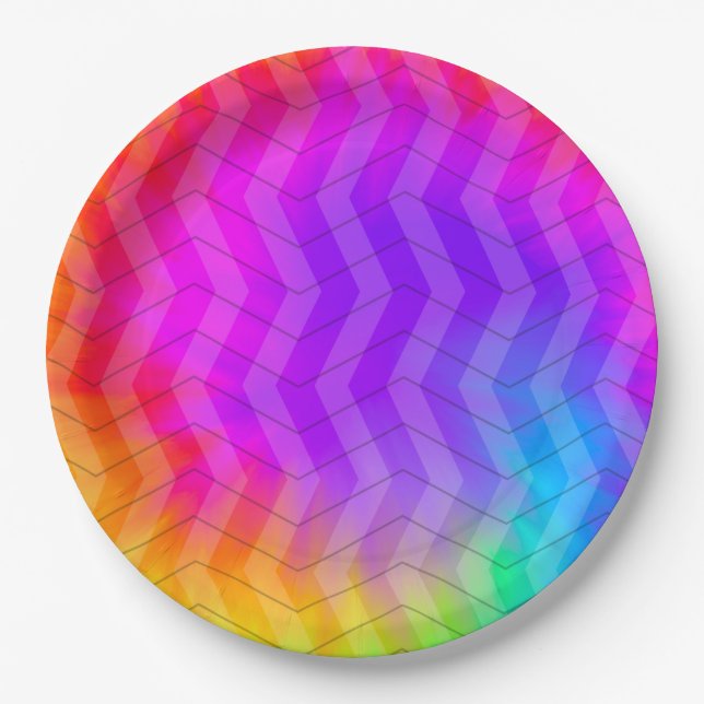 Neon Herringbone Trippy Hippie Rainbow Paper Plate (Front)