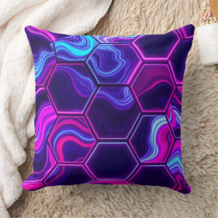 Neon Hexagon Pink Purple Marble Abstract Pattern Cushion