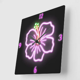 Neon Hibiscus Wall Clock