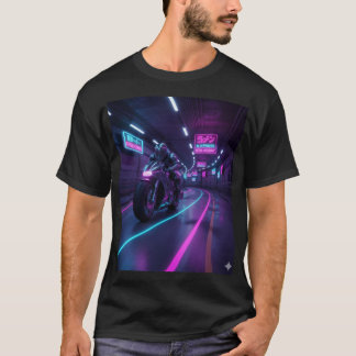 Neon Highway Rider | Cyberpunk Motorcycle Art T-Shirt