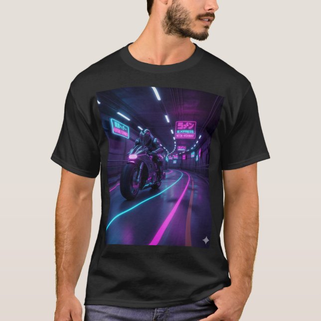 Neon Highway Rider | Cyberpunk Motorcycle Art  T-Shirt (Front)