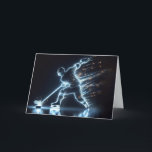 Neon Hockey Player Birthday Card<br><div class="desc">A dynamic neon hockey player striking a puck with a hockey stick with sparkling dramatic light trails for birthday.
Text can be changed.</div>