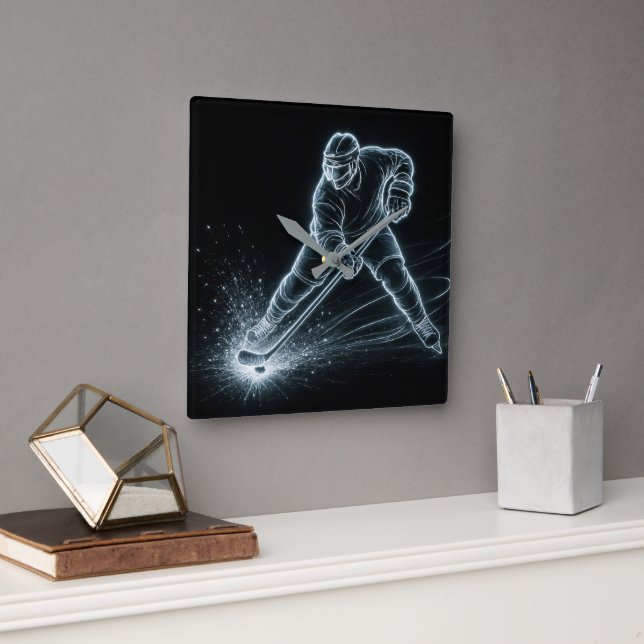 Neon Hockey Player On Ice Square Wall Clock (Office)