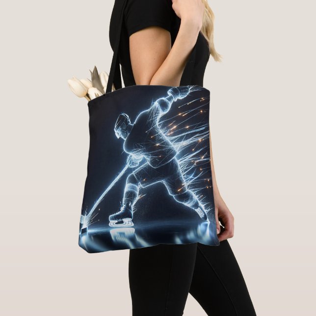Neon Hockey Player On Ice Tote Bag (Close Up)