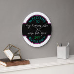 Neon Hot Pink Aqua Blue White She Shed Welcome Large Clock<br><div class="desc">Beautiful contemporary retro wall art clock with bright neon aqua turquoise, hot pink, and white coloured typography script on a black background. With room to customise or personalise with a name or text of your choice. This whimsical hipster design is made for the trendy woman with a she shed, or...</div>