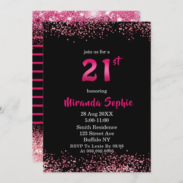Neon Hot Pink Glitter 21st Birthday Invitations  (Front/Back)