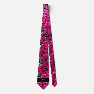 Neon hot pink glitter music notes sugar skulls tie