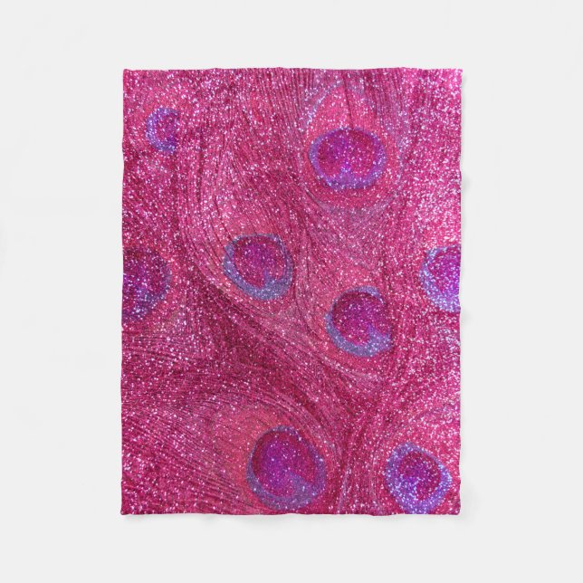 neon hot pink glitter peacock feathers fleece blanket (Front)