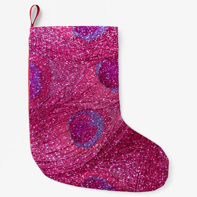 neon hot pink glitter peacock feathers small christmas stocking (Front)