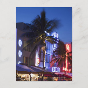 Neon hotel at night, Ocean Drive, South Miami Beac Postcard