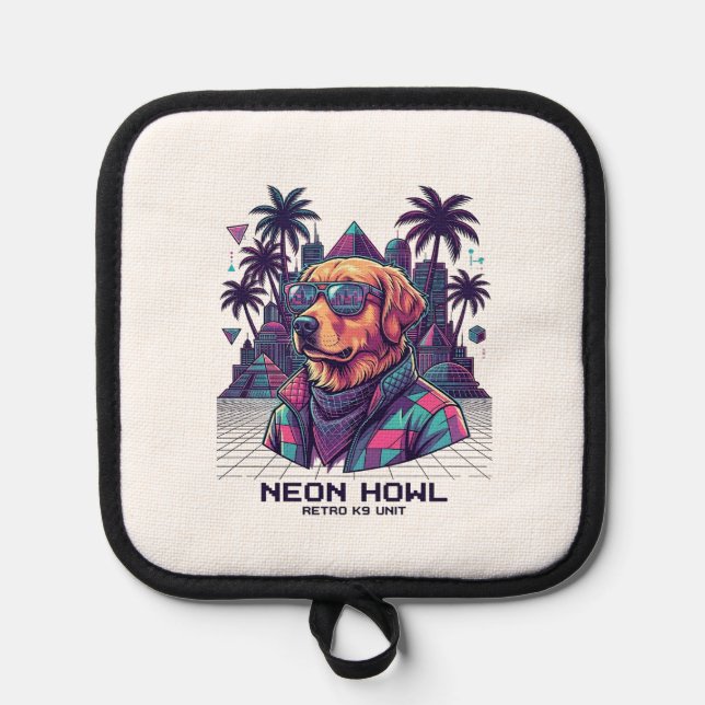 Neon Howl Retro K9 Unit Dog Sunglasses Palm Tree_1 Pot Holder (Front)