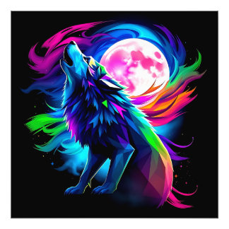 Neon Howling Wolf with Full Moon – Psychedelic Rai Photo Print