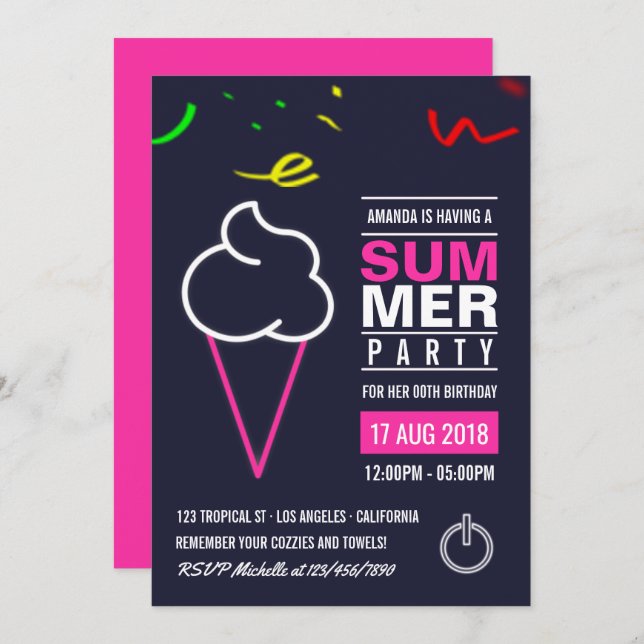 Neon Ice Cream Summer Birthday Party Invitation (Front/Back)