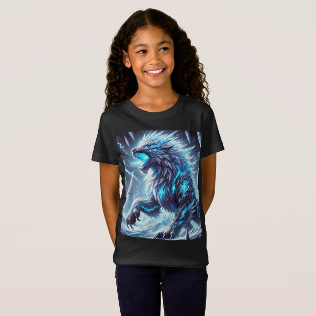 Neon Ice Dragon-Wolf Tee T-Shirt Design. (Front Full)