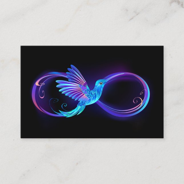 Neon Infinity Symbol with Glowing Hummingbird Business Card (Front)