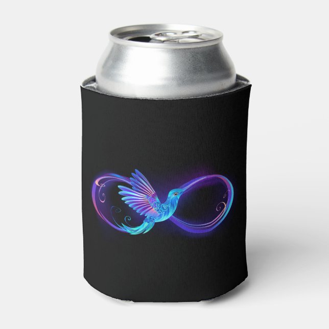 Neon Infinity Symbol with Glowing Hummingbird Can Cooler (Can Front)
