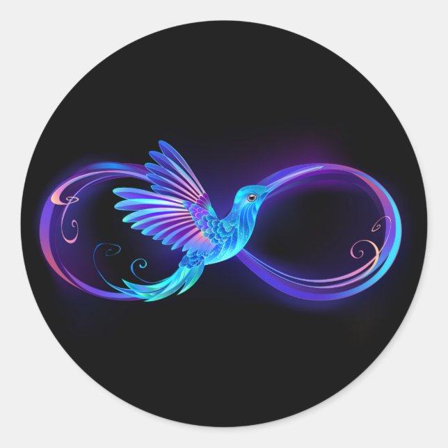Neon Infinity Symbol with Glowing Hummingbird Classic Round Sticker (Front)