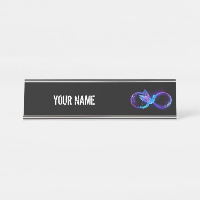Neon Infinity Symbol with Glowing Hummingbird Desk Name Plate (Front)