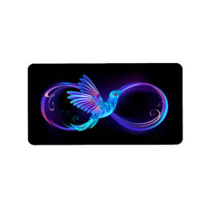 Neon Infinity Symbol with Glowing Hummingbird Label