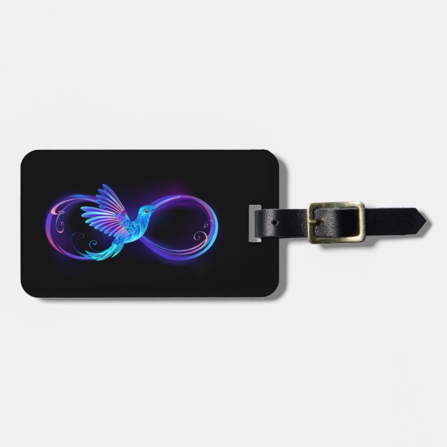 Neon Infinity Symbol with Glowing Hummingbird Luggage Tag (Front Horizontal)