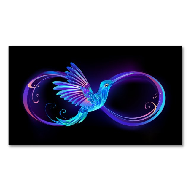 Neon Infinity Symbol with Glowing Hummingbird Magnetic Business Card (Front)
