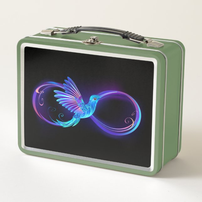 Neon Infinity Symbol with Glowing Hummingbird Metal Lunch Box (Front)