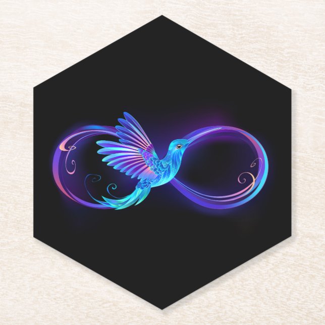 Neon Infinity Symbol with Glowing Hummingbird Paper Coaster (Front)