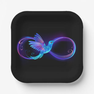 Neon Infinity Symbol with Glowing Hummingbird Paper Plate