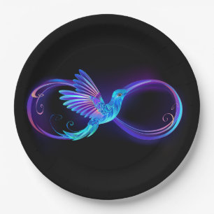 Neon Infinity Symbol with Glowing Hummingbird Paper Plate