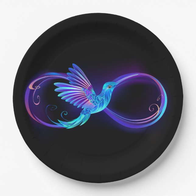 Neon Infinity Symbol with Glowing Hummingbird Paper Plate (Front)
