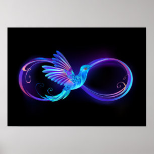Neon Infinity Symbol with Glowing Hummingbird Poster