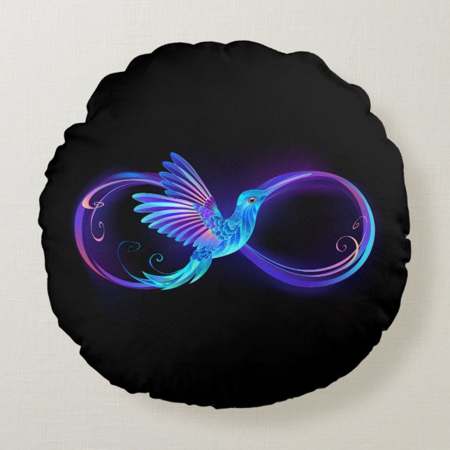 Neon Infinity Symbol with Glowing Hummingbird Round Cushion (Front)
