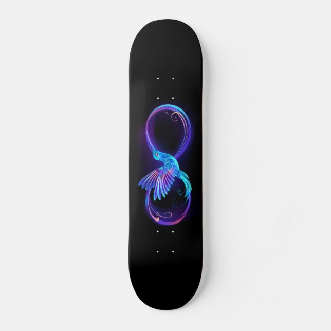 Neon Infinity Symbol with Glowing Hummingbird Skateboard (Front)