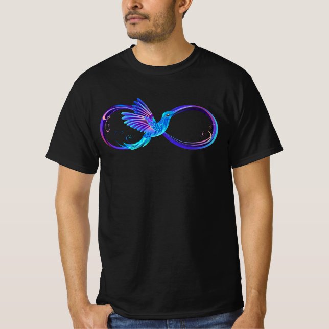 Neon Infinity Symbol with Glowing Hummingbird T-Shirt (Front)