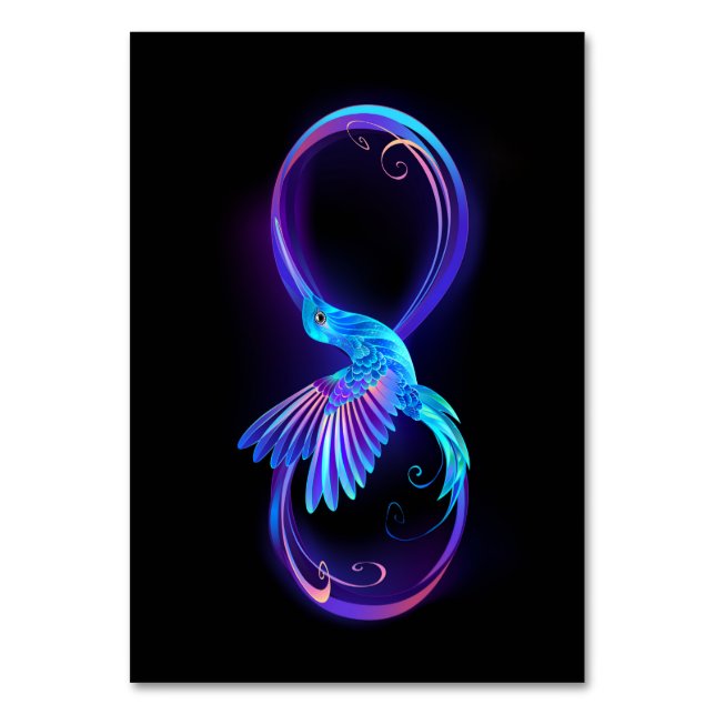 Neon Infinity Symbol with Glowing Hummingbird Table Number (Front)