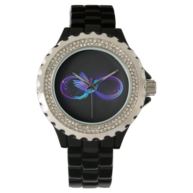 Neon Infinity Symbol with Glowing Hummingbird Watch (Front)