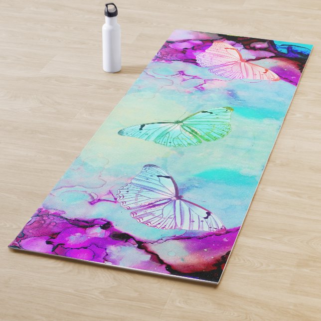 Neon Ink Turquoise Magenta Pastel Butterflies  Yoga Mat (In Situ)