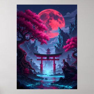 Neon Japan: Red Moon & Mystical Fox Poster