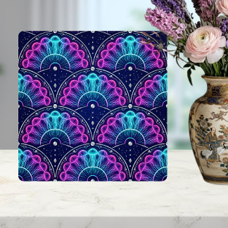 Neon Jellyfish Art Deco Fan Pink Blue Tile