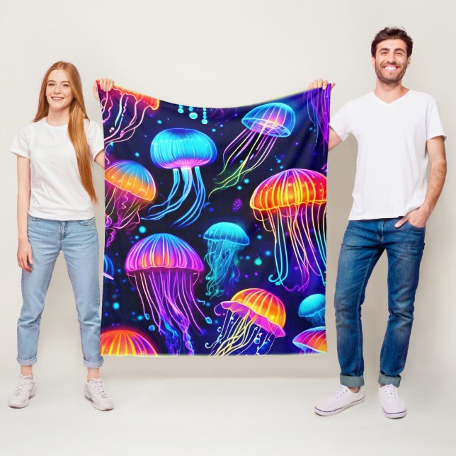 Neon Jellyfish Dreams Fleece Blanket (In Situ)