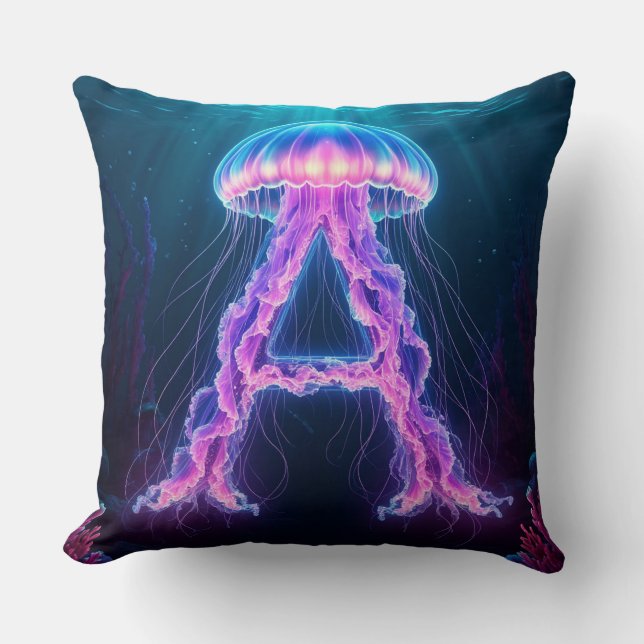 ✨ Neon Jellyfish Letter A Ocean Nursery Gift 🎐 Cushion (Front)