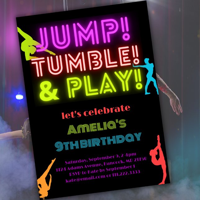 Neon Jump Trumble Play Any Birthday Gymnastics Invitation (Creator Uploaded)