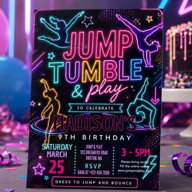 Neon Jump & Tumble Birthday Party Invitation (Creator Uploaded)